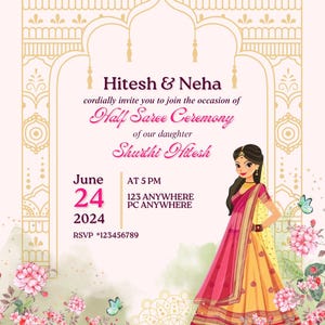 Half Saree Invitation 5x7&quot;, Editable Half Saree Ceremony Invitation, Puberty Invites for Half Saree Function