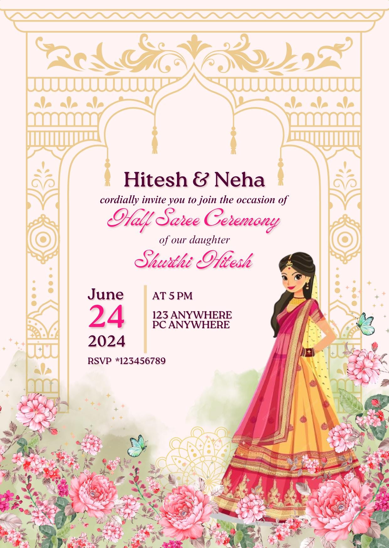 Half Saree Invitation 5x7", Editable Half Saree Ceremony Invitation, Puberty Invites for Half Saree Function