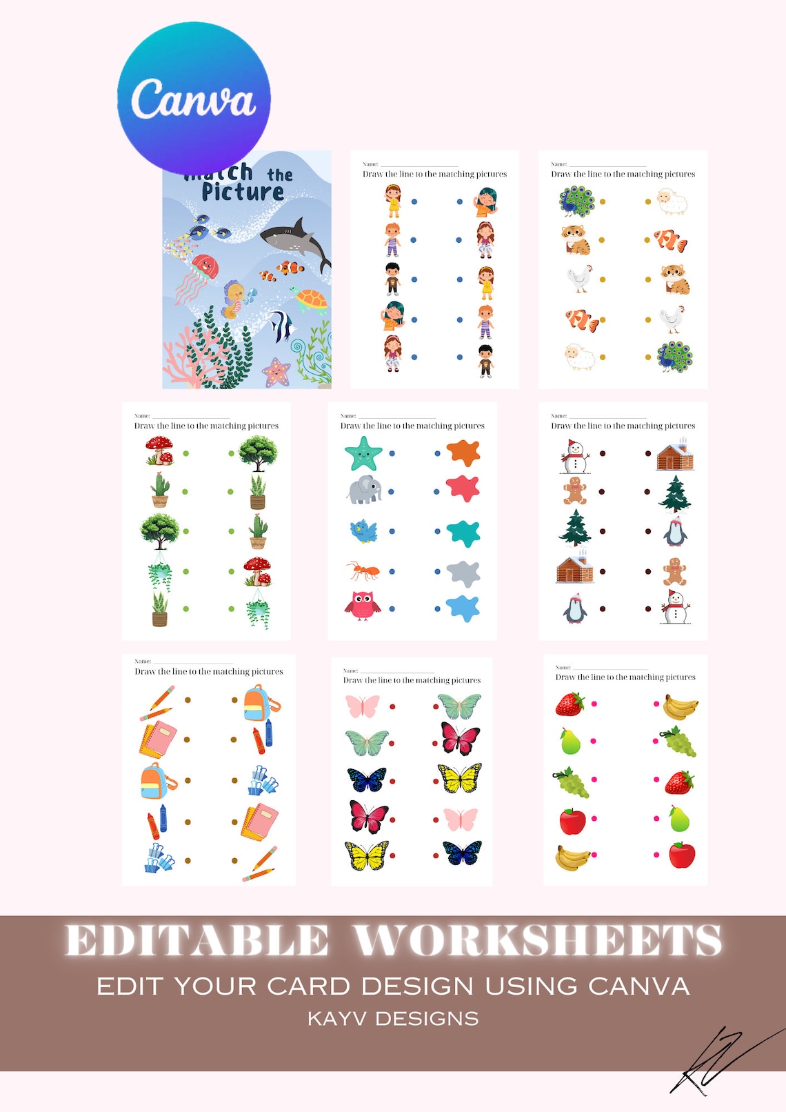 50 Printable Matching Worksheets, Match the Picture, Kindergarten ...