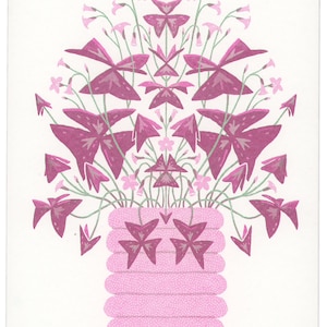 May include: A pink vase with a textured surface holds a bouquet of purple flowers with green stems. The flowers have a butterfly-like shape.