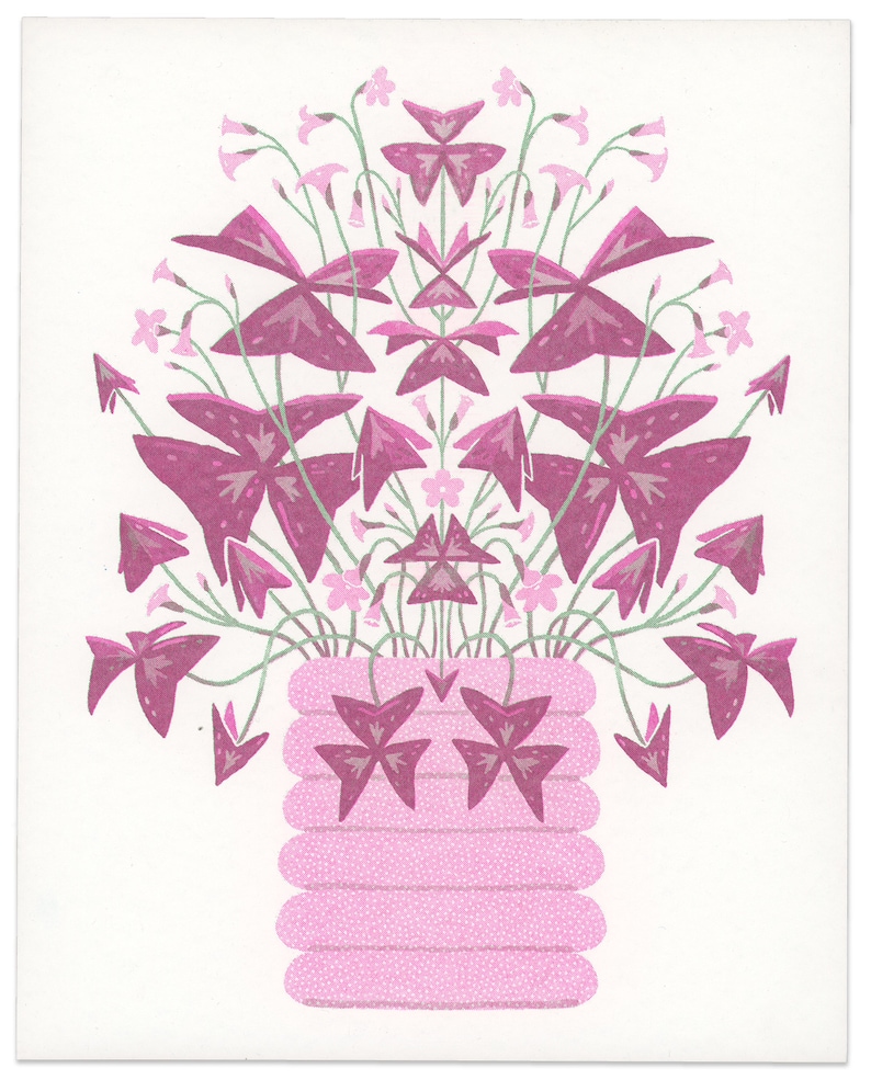 May include: A pink vase with a textured surface holds a bouquet of purple flowers with green stems. The flowers have a butterfly-like shape.