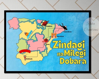 Zindagi na milegi dobara Filmplakat, Spanien Karte, Bollywood Film, indisches Filmplakat, ZNMD Spanien Tour Karte, Bagwati