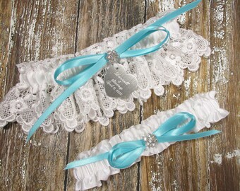 WHITE AQUA BLUE Wedding garter set diamante starfish