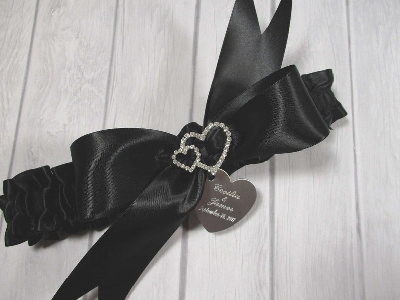 Black Wedding Garter Set with Linked Rhinestone Hearts and Personalized Engraving of Your Names and Wedding Date