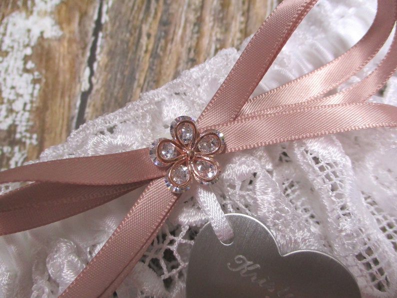 Rose Gold and White Lace Personalized Wedding Garter with Engraving and Rhinestones