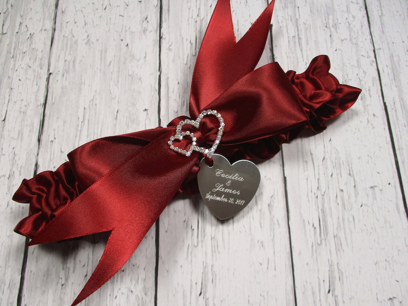 Personalized Bridal Garter with Rhinestone Linked Hearts and Engraving Red Wedding Garter