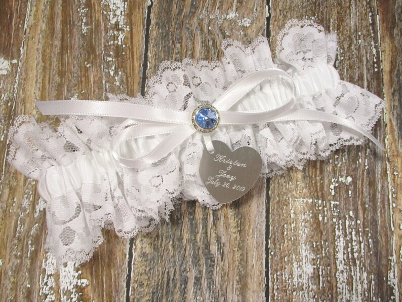 Blue Wedding Garter Set with Rhinestone Hearts and Personalized Engraving