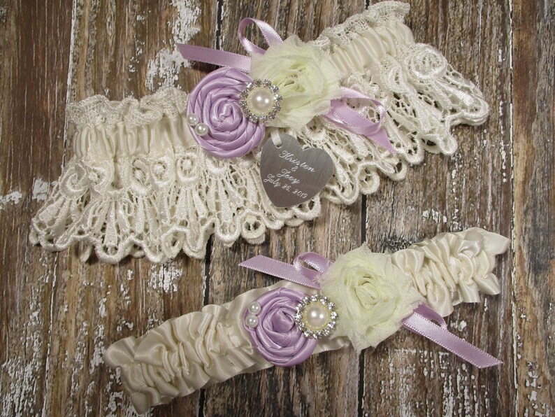 Pearls Ivory and Lavender Lace Wedding Garter Set with Roses Rhinestones and Personalized Engraving