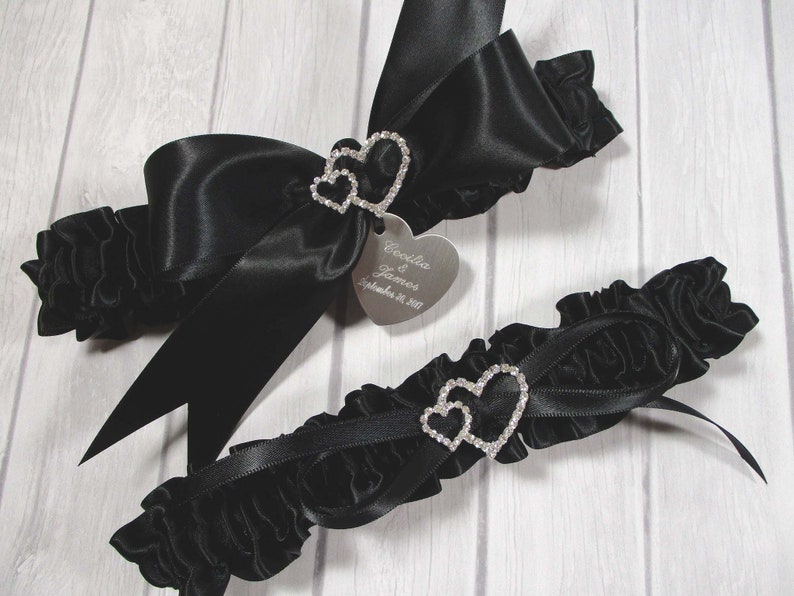 Black Wedding Garter Set with Linked Rhinestone Hearts and Personalized Engraving of Your Names and Wedding Date