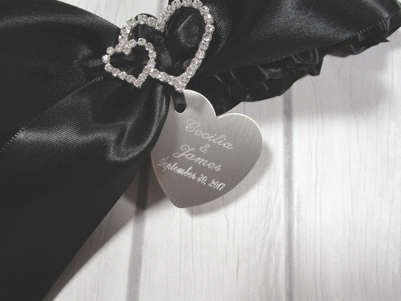 Black Wedding Garter Set with Linked Rhinestone Hearts and Personalized Engraving of Your Names and Wedding Date