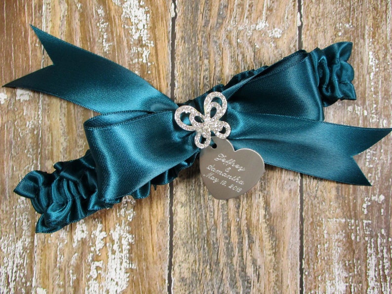 Teal Butterfly Wedding Garter Set with Rhinestone Butterflies and Personalized Engraving