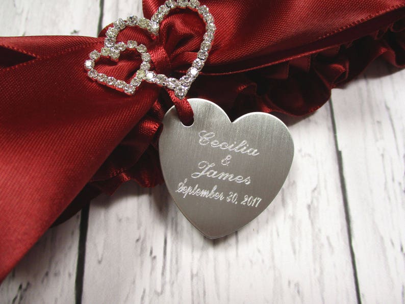 Personalized Bridal Garter with Rhinestone Linked Hearts and Engraving Red Wedding Garter