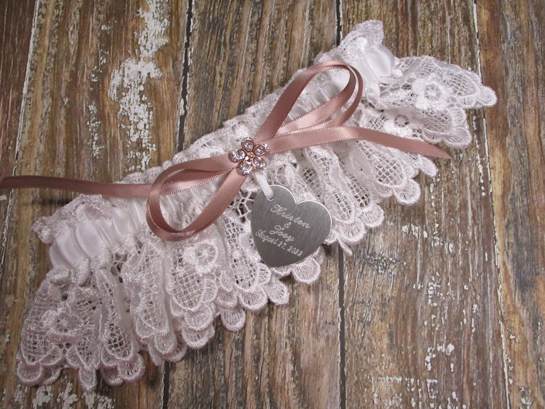 Rose Gold and White Lace Personalized Wedding Garter with Engraving and Rhinestones