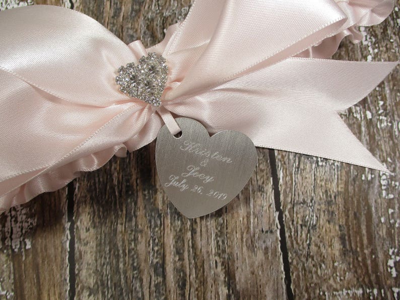 Blush Wedding Garter in Satin with a Brilliant Rhinestone Heart and Personalized Engraving