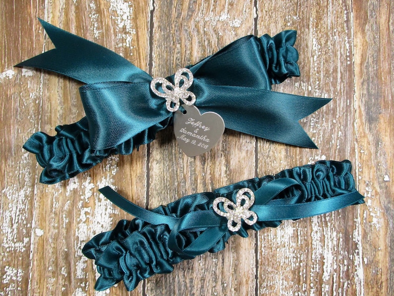 Teal Butterfly Wedding Garter Set with Rhinestone Butterflies and Personalized Engraving