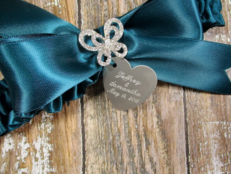 Teal Butterfly Wedding Garter Set with Rhinestone Butterflies and Personalized Engraving
