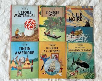 Coleção de 6 histórias em quadrinhos de capa dura em língua francesa Les Aventure de Tintin de Herge, publicada em 1947 por Casterman