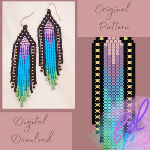 May include: A digital download pattern for beaded earrings. The pattern is for a pair of long, colorful earrings with a gradient of pink, purple, blue, green, and black beads. The pattern is shown in a grid format with black, gold, and white squares.