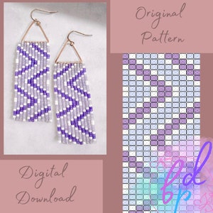 May include: Purple and white beaded earrings with a chevron pattern. The earrings are made with seed beads and have a triangle-shaped top. The image also shows a digital download pattern for the earrings.