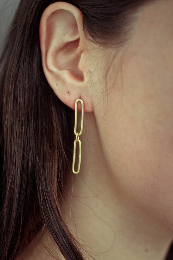 Items similar to Long brass link dangle earrings, simple and modern on Etsy
