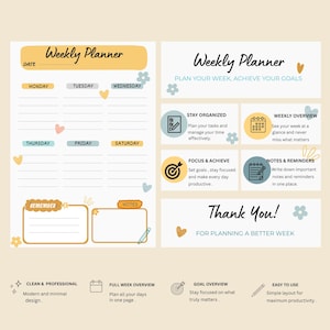 Könnte beinhalten: Ein Wochenplaner mit einem sauberen, minimalistischen Design. Der Planer enthält Abschnitte für jeden Wochentag, Notizen und Erinnerungen. Der Text enthält "Weekly Planner", "Plan Your Week, Achieve Your Goals" und "Thank You!"