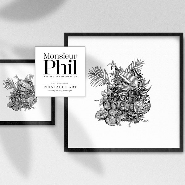 Impression d'Art à l'encre de chine noire, dessin de style graphique jungle imprimable, floral et animal, téléchargement numérique moderne