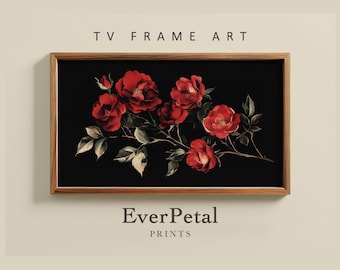 Red Roses Valentine’s Day Frame TV Art | Vintage Floral Watercolor Painting | Botanical Flowers Frame TV Art | Dark Moody Decor | VTV3