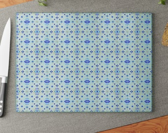 Planche à découper en verre bleu azulejo, cadeau de pendaison de crémaillère, cadeau de mariage