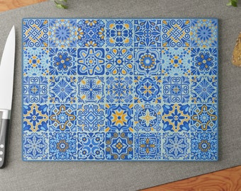 Planche à découper en verre, Planche à découper en verre bleu azulejo, Cadeau de pendaison de crémaillère, Cadeau de mariage