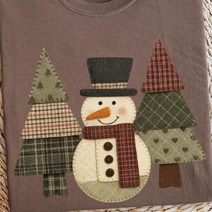 Faux Patchwork Snowman Comfort Colors T-Shirt Vintage Christmas Trees Tee Grandmillenial Christmas Gift Country Christmas Family Apparel