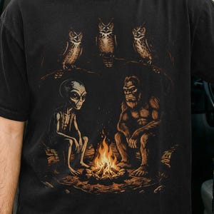 Bigfoot Alien Campfire Shirt Sasquatch UFO Camping Tee Cryptid Forest Owl Shirt Paranormal Mystery Gift for UFO Lovers Extraterrestrial Nerd