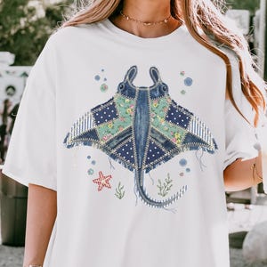 Faux Patchwork Ocean Animal Shirt Coastal Summer Tee Beach Embroidery Style T-Shirt Nautical Animals Gift Summer Apparel Denim Sea Live Gift