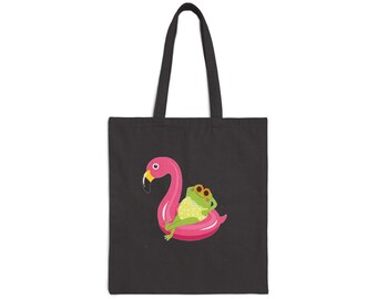 Floating Flamingo Frog Tote, Beach Bag, Funny Frog Gift, Relaxing Frog bag