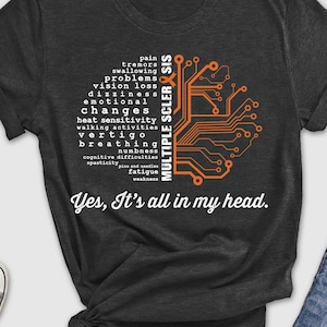 May include: Dark gray t-shirt with the text "Yes, It's all in my head." and a list of symptoms associated with Multiple Sclerosis. The design includes an orange circuit board graphic and the words "MULTIPLE SCLEROSIS".