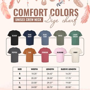 The image is a size chart for a unisex crew neck t-shirt, displaying various color options and corresponding measurements.