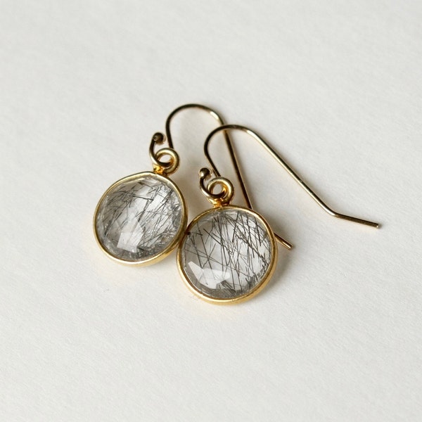 Gold Rutilated Quartz Earrings, Faceted Gemstone Circle Earrings, Small Drop Earrings, Dangle Earrings, Bezel Set, Tourmalinated  Quartz