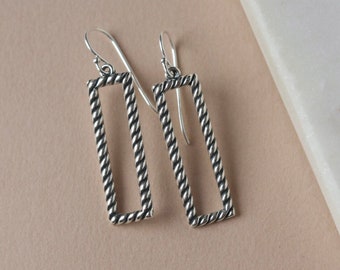 Long Sterling Silver Rectangle Earrings, Geometric Statement Earrings, Modern Minimal Jewelry, Oxidized Twisted Rope Pattern, Gift for Her