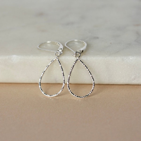 Sparkly Sterling Silver Teardrop Earrings, Minimalist Silver Jewelry, Lightweight Leverback Earrings, Mother's Day Gift, Gift For Her