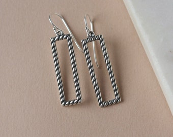 Sterling Silver Geometric Earrings, Big Rectangle Earrings, Modern Minimalist Jewelry, Twisted Rope Texture, Gift For Her, Unique Jewelry
