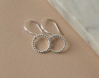 Sterling Silver Circle Earrings, Small Beaded Wire Rounds, Modern Geometric Earrings, Minimalist Everyday Jewelry, Mother's Day Gift
