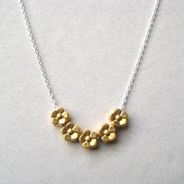 Brass Flower Necklace, Brass Charm Sterling Silver Chain Necklace, Floral Jewelry, Gold Flower Necklace