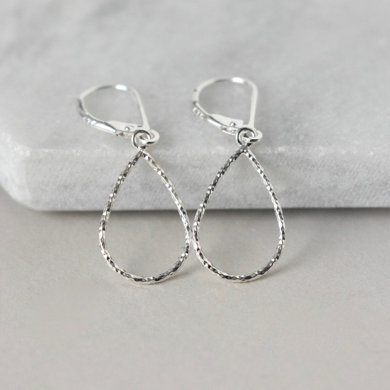 Sparkly Sterling Silver Teardrop Earrings, Minimalist Silver Jewelry, Lightweight Leverback Earrings, Mother's Day Gift, Gift For Her image 4