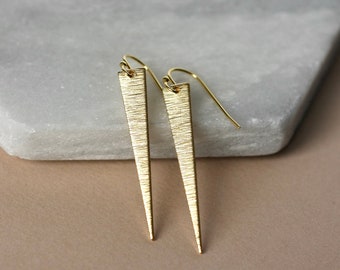 Shiny Gold Spike Earrings, Long Brass Triangle Earrings, Modern Minimalist Jewelry, Modern Geometric Earrings, Gift for Her, Textured Brass