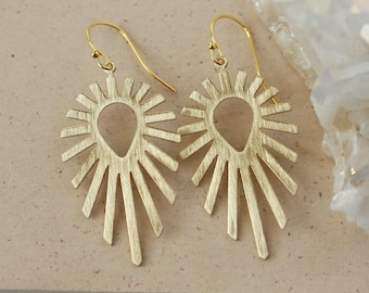 Big Gold Statement Earrings, Brass Sun Earrings, Art Deco Jewelry, Minimalist Celestial Jewelry, Gift for Her, Boho Style Jewelry