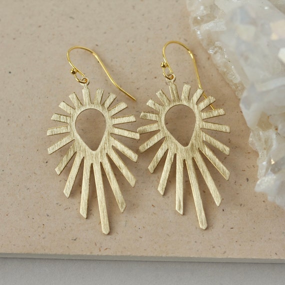 Gold Sun Dangle Earrings Big Brass Statement Earrings Art Deco