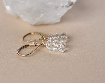 Gold Faceted Gemstone Earrings, Clear Quartz, Minimalist Sparkly Jewelry, Lever Back Earrings, Gift for Her, Micro Faceted