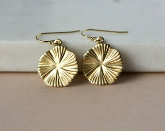 Round Brass Earrings, Gold Circle Earrings, Modern Geometric Jewelry, Flower Earrings, Sunburst, Minimalist Everyday Earrings, Gift for Her