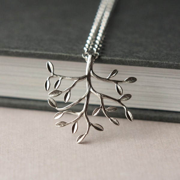 Last One - Silver Tree Necklace, SIlver-Plated Brass Branch Necklace, Nature Woodland Leaves, Woodland Jewelry, Sterling Silver Necklace