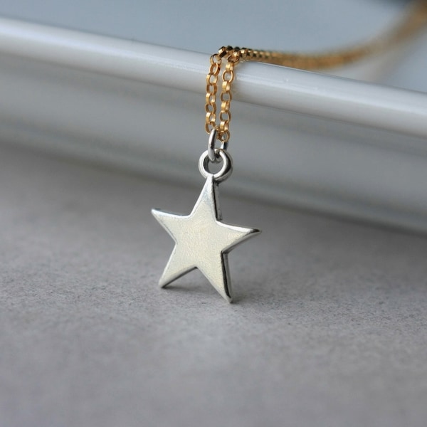 Sterling Silver Star Necklace, Star Pendant Necklace, Mixed Metal, Minimal Jewelry, Celestial Jewelry, Layering Necklace, Jewelry Gift