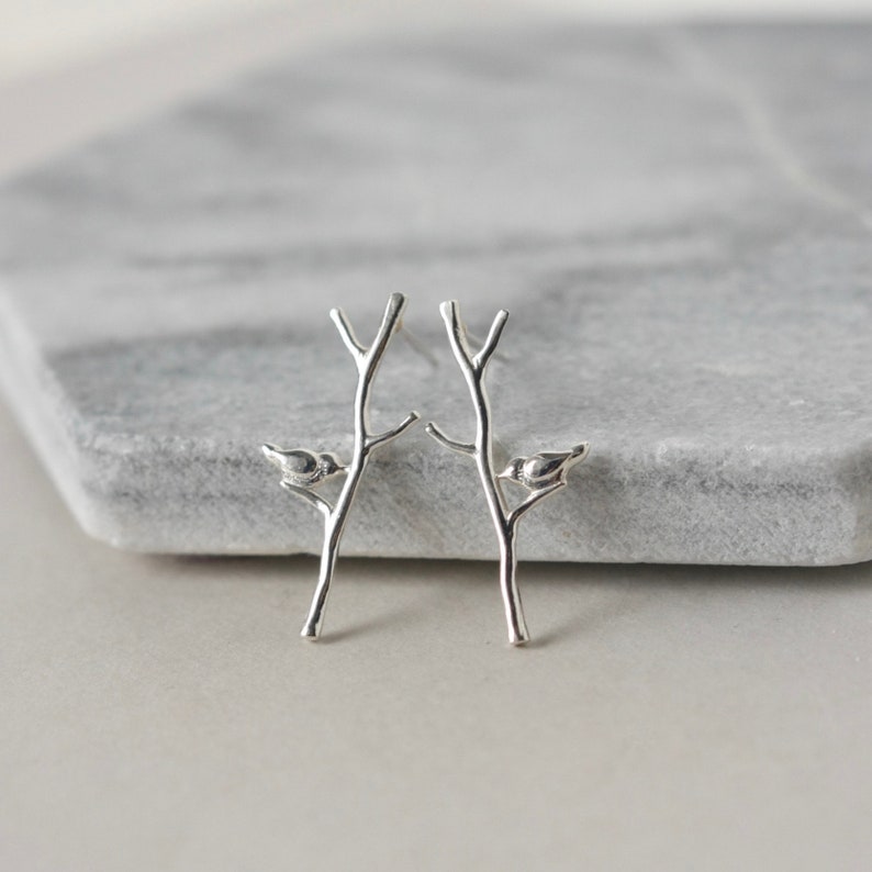 Long Sterling Silver Branch Stud Earrings with Birds